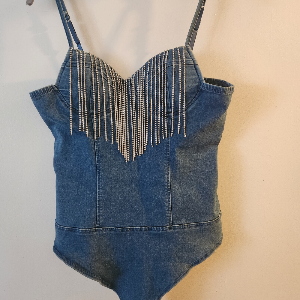 Fashion Nova Blue Denim Bodysuit with Chain Fringe